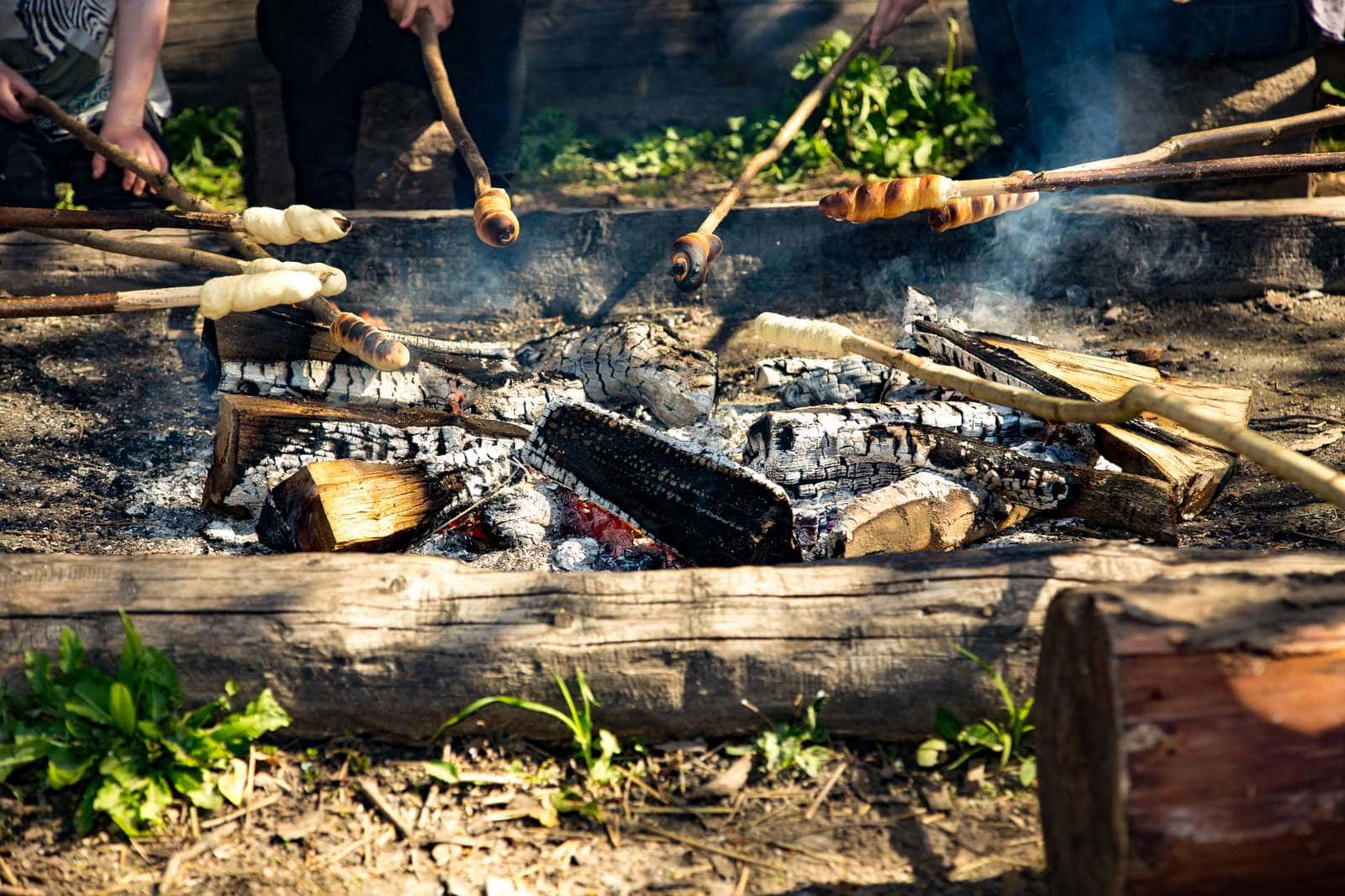 Sønderborg udendørs ranger grill Børn griller skumfiduser over åben ild i naturen.