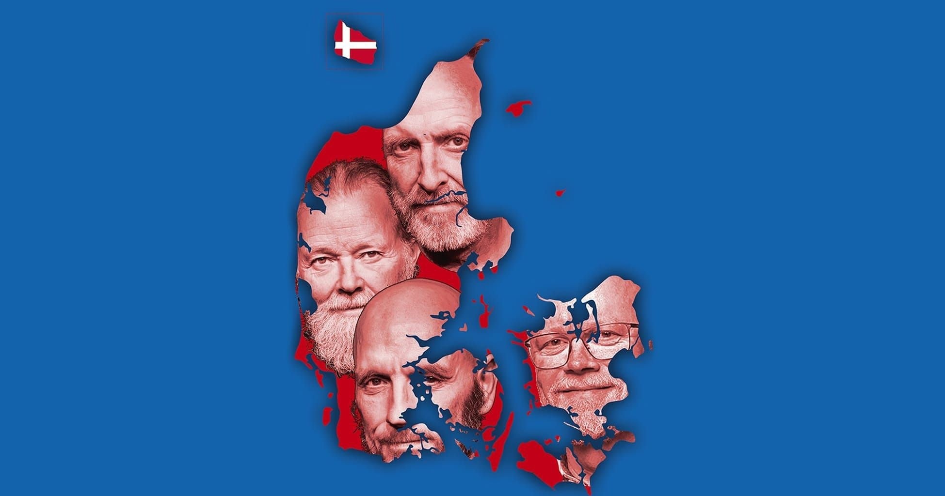 Kort over Danmark med portrætter af politiske figurer.
