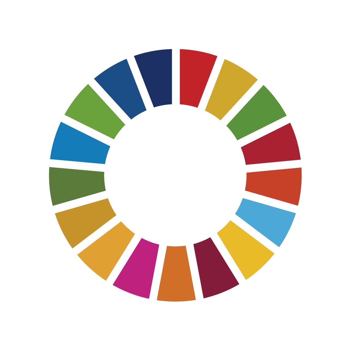 Et cirkulært logo med 17 farvede segmenter, der repræsenterer FN's mål for bæredygtig udvikling. Ordene CENTER FOR VERDENSMÅL SØNDERBORG er skrevet rundt om cirklen i hvid, afrundet tekst.