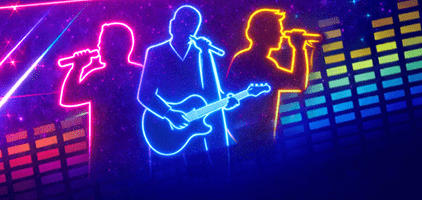 Neon lysende musikere med mikrofon og guitar.