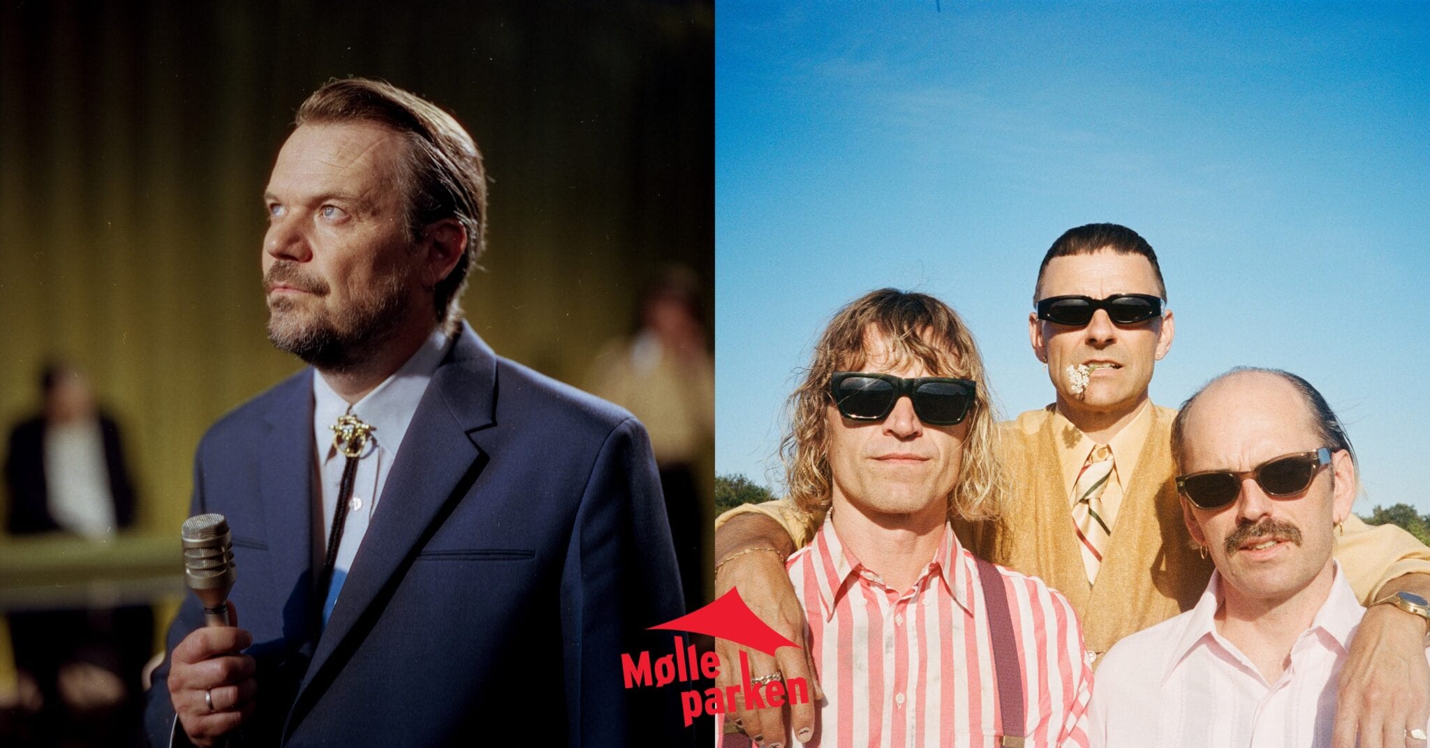 To mænd med solbriller og en mand med mikrofon, musikscene i baggrunden.
