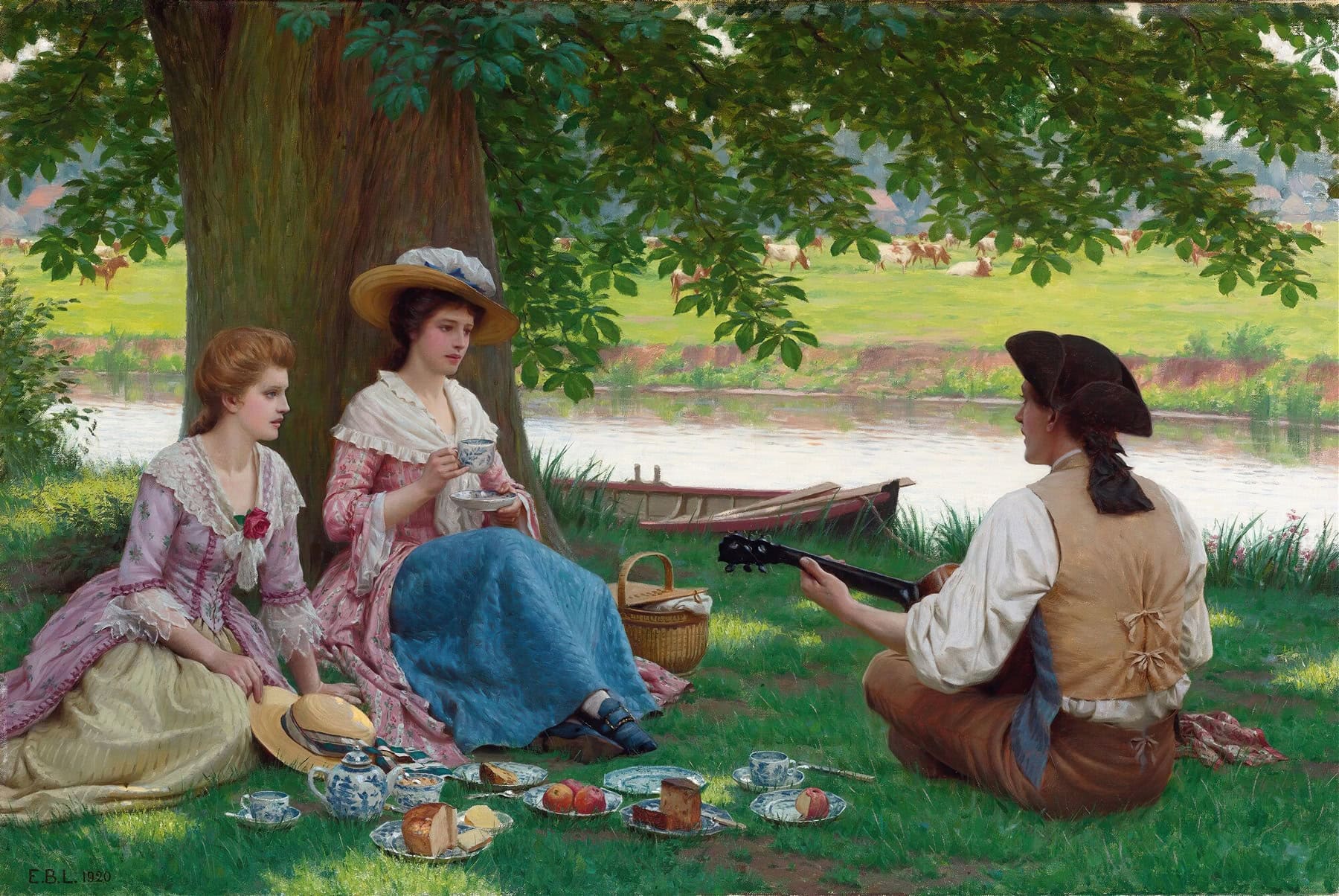 Sommerkoncert under ældre egetræ Mennesker i 1700-tals kostumer nyder musik under et stort træ.