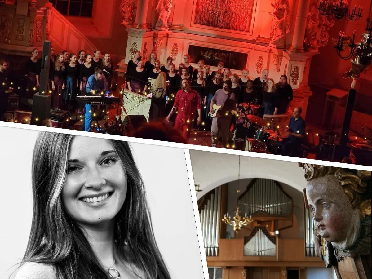 Sct. Marie Kirke koncertscene Kor, orkester og solist under koncert i Sct. Marie Kirke.