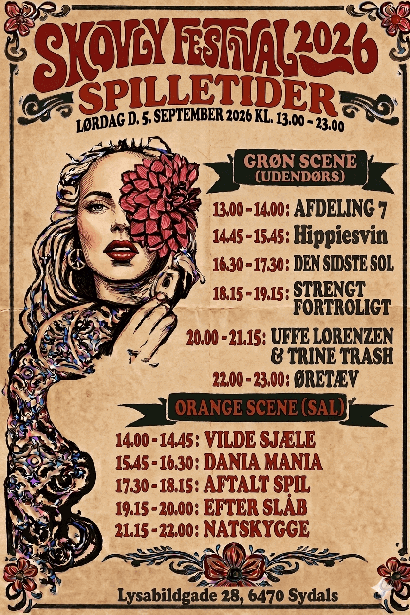 Festivalplakat for Skovly Festival 2026 med musikprogram og sceneoplysninger.