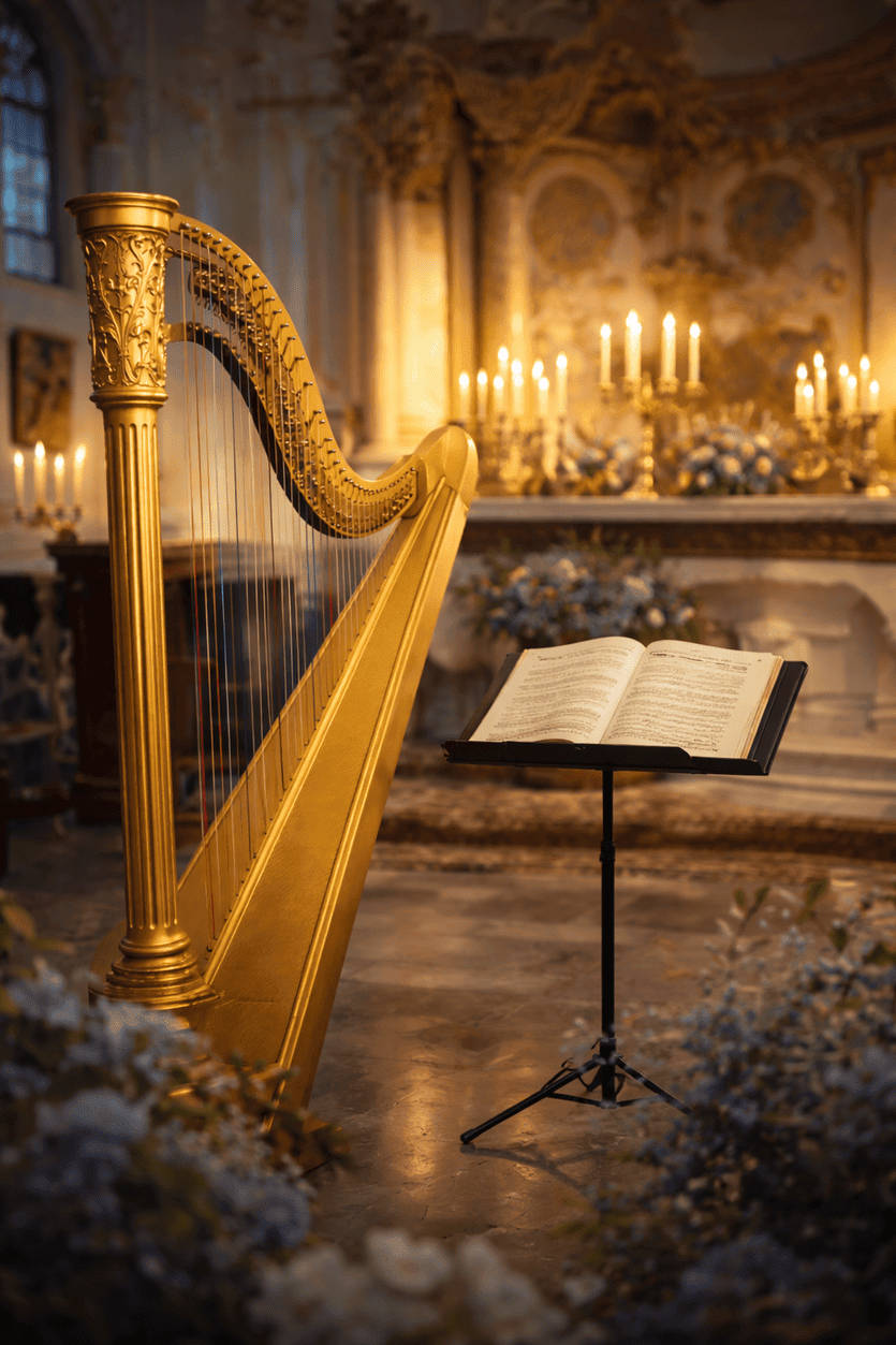 Guldharpe og sangark i smuk kirke med stearinlys og blomsterdekoration.