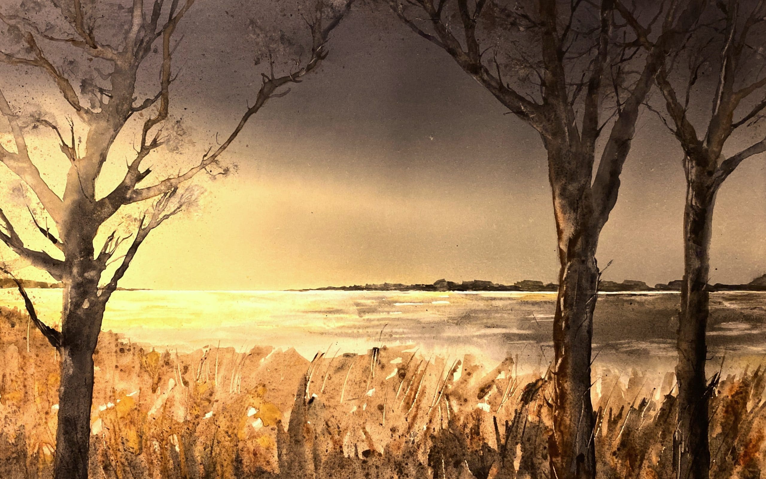 Akvarelfarve af landskab med træer og vand ved solnedgang.