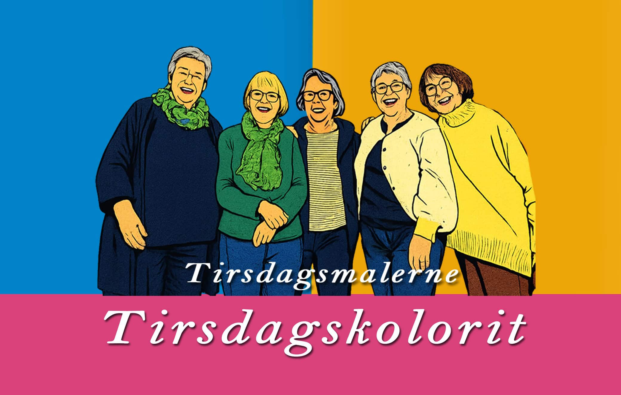 Gruppemennesker foran farverigt baggrund med kunstudstilling.