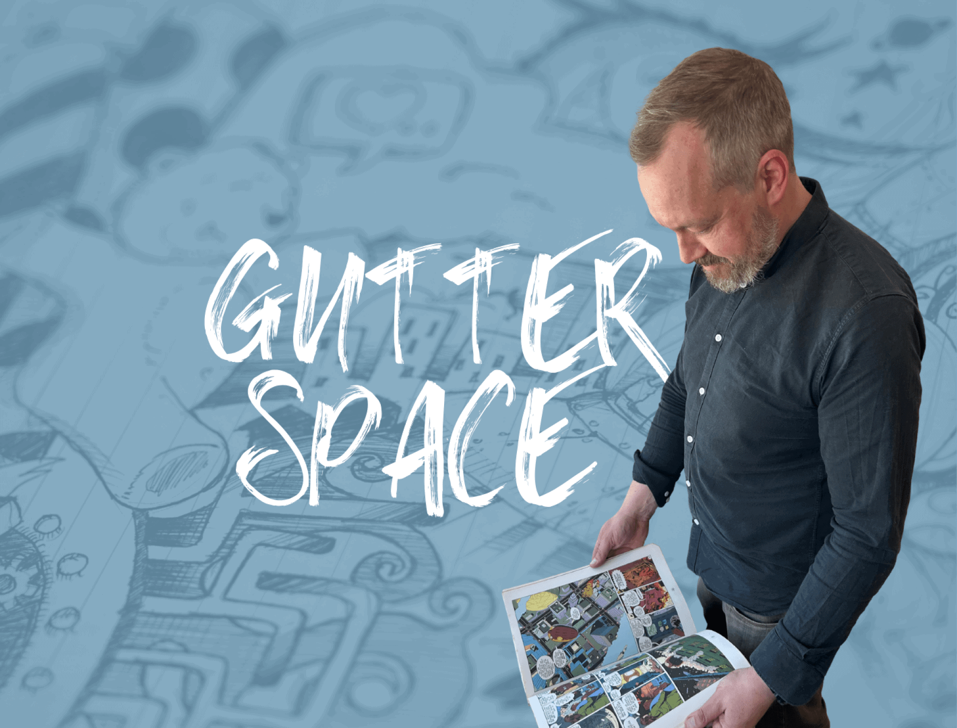 Gutterspace – Kreativ design og kunst Mand læser tegneserie med Gutter Space logo i baggrunden.