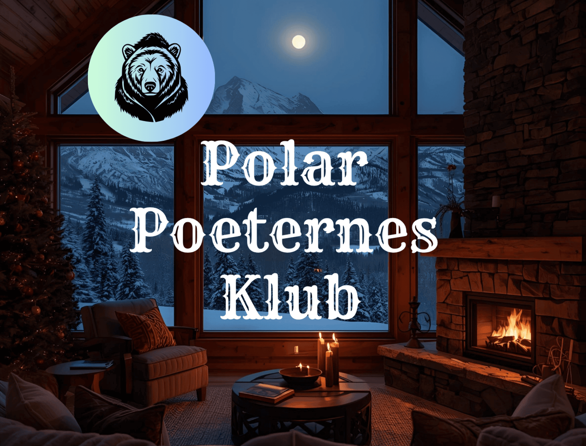 Sonderborg Polar Poeternes Klub Indendørs udsigt med pejs og bjerglandskab gennem store vinduer.
